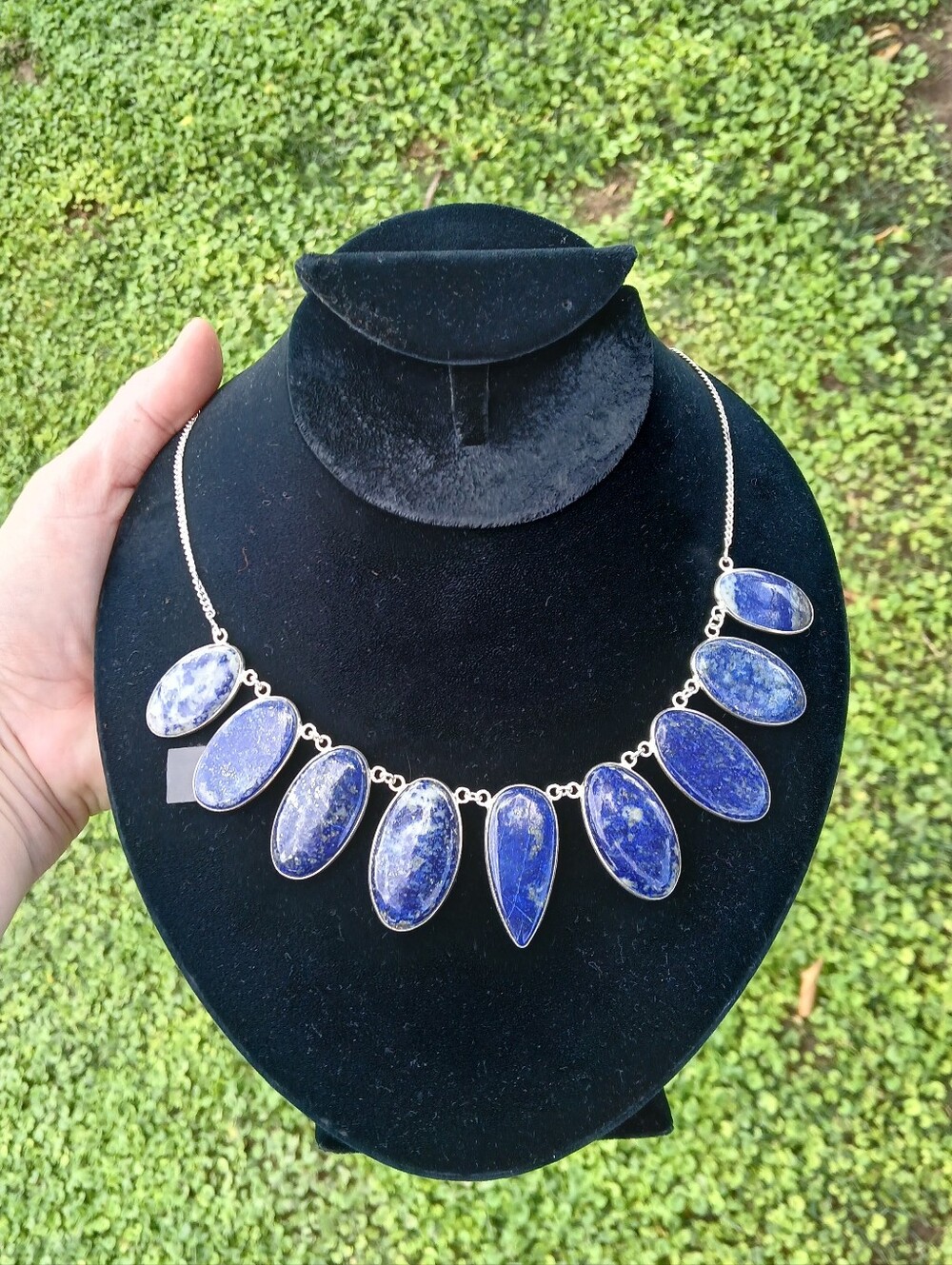 New Lapis Lazuli 925 Silver Statement Necklace.